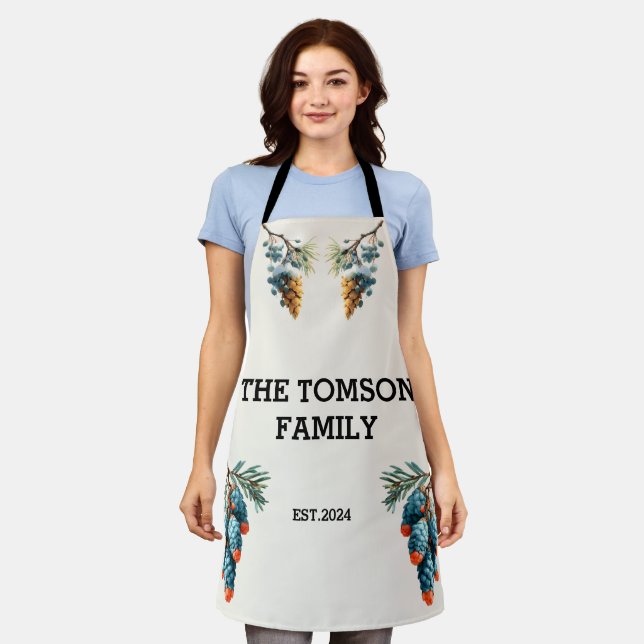 Winter Pine Cones Family Name Design Apron (Worn)