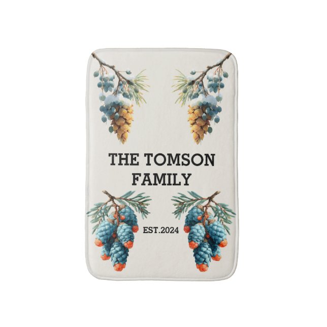 Winter Pine Cones Family Name Design Bath Mat (Front Vertical)