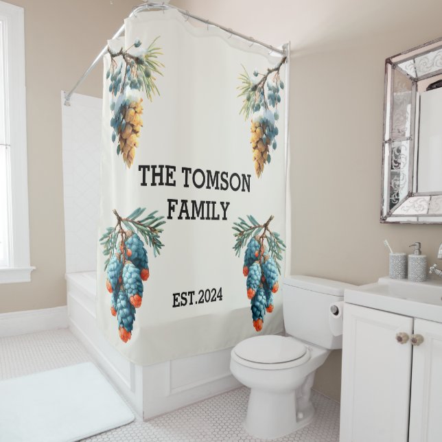 Winter Pine Cones Family Name Design Shower Curtain (In Situ)
