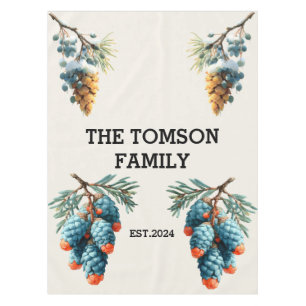 Winter Pine Cones Family Name Design Tablecloth