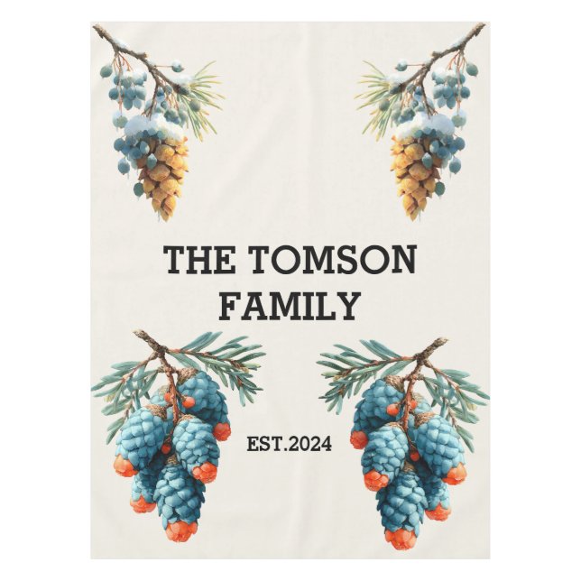 Winter Pine Cones Family Name Design Tablecloth (Front)