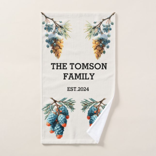 Winter Pine Cones Family Name Design Towel (Hand Towel)