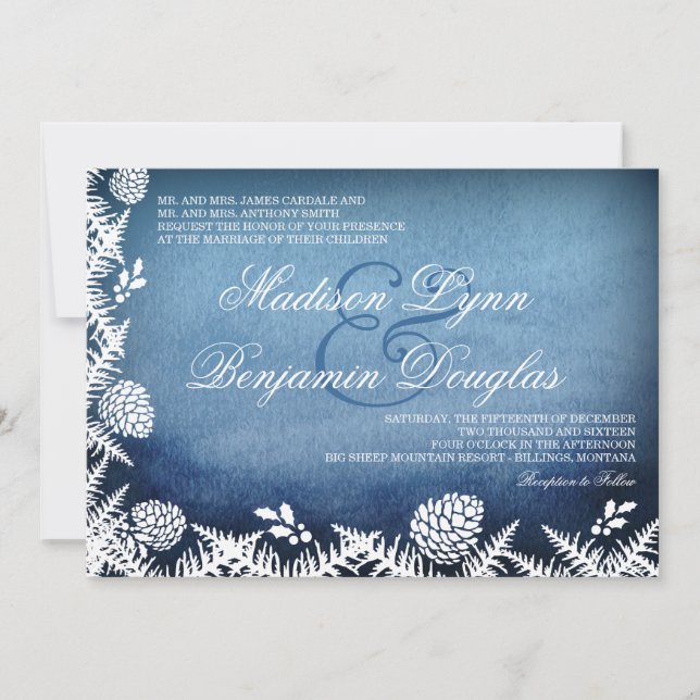 Winter Pine Cones Holiday Blue Wedding Invitations (Front)