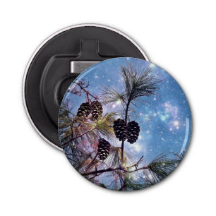 Winter Pine Cones under a starry night sky Bottle Opener