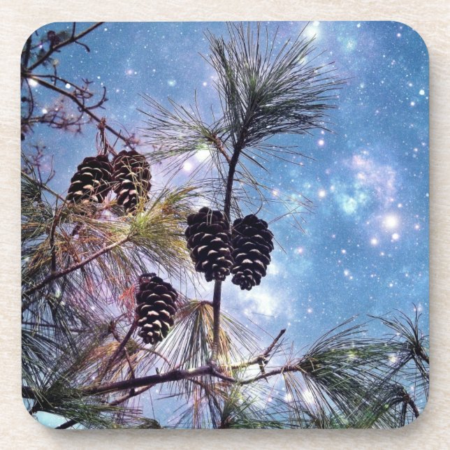 Winter Pine Cones under a starry night sky Coaster (Front)
