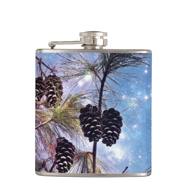 Winter Pine Cones under a starry night sky Hip Flask (Front)
