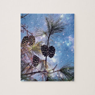 Winter Pine Cones under a starry night sky Jigsaw Puzzle