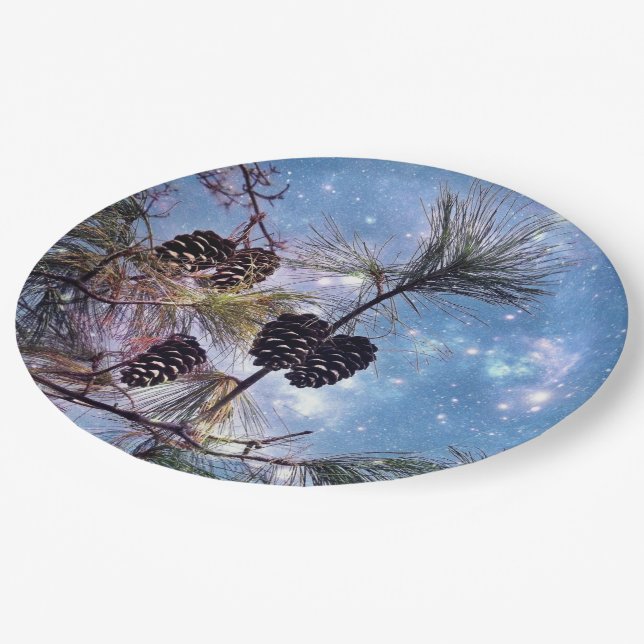 Winter Pine Cones under a starry night sky Paper Plate (Angled)
