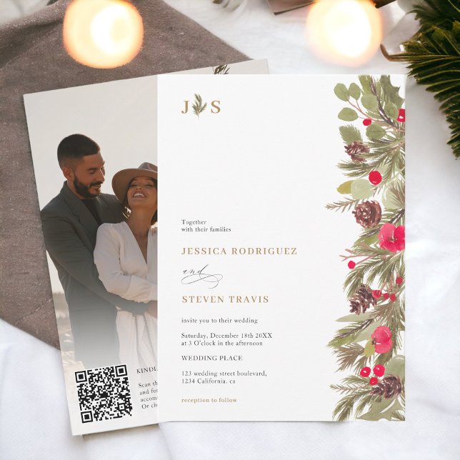 Winter pine elegance initial photo Qr code Wedding Invitation (Winter pine elegance initial photo Qr code Wedding Invitation)