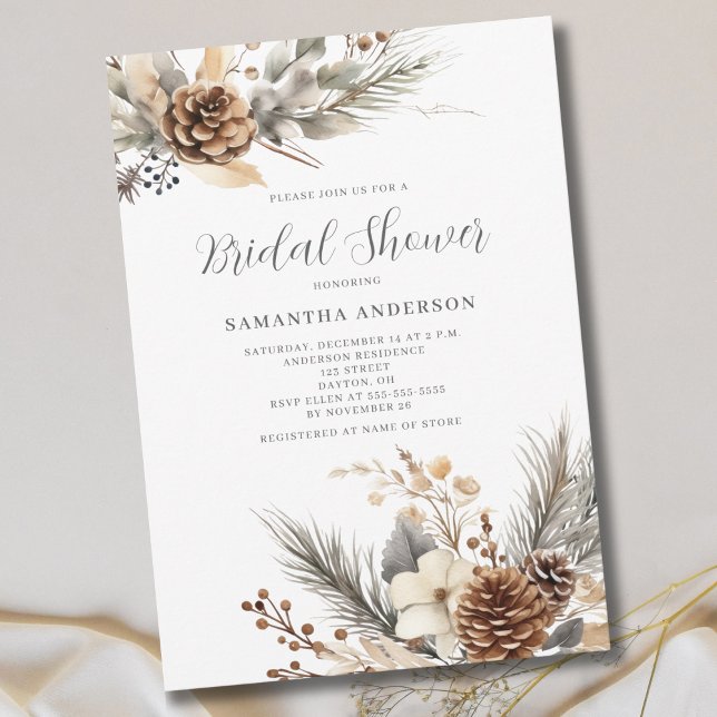 Winter Pine Floral Christmas Bridal Shower Invitation (Creator Uploaded)