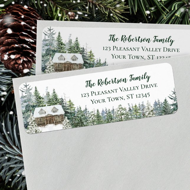 Winter Pine Forest Cabin Christmas Return Address Label (Creator Uploaded)