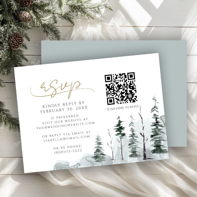 Winter Pine Forest Sage QR Code Wedding RSVP Enclosure Card (Creator Uploaded)