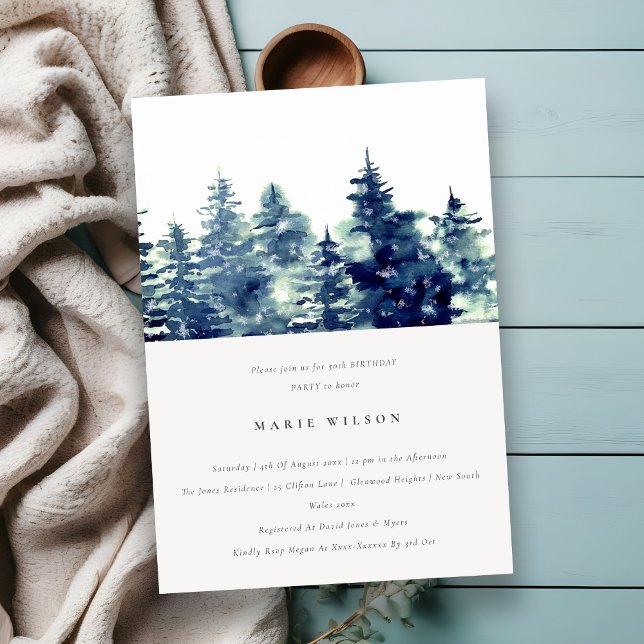 Winter Pine Forest Snowfall Navy Any Age Birthday Invitation (Creator Uploaded)