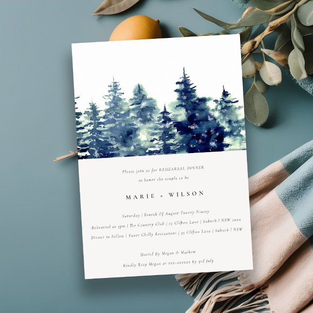 Winter Pine Forest Snowfall Navy Rehearsal Dinner Invitation (Creator Uploaded)