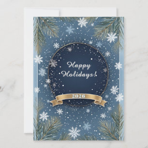 🎄 Winter Pine Frame Blue Snowflakes Gold Accent Card