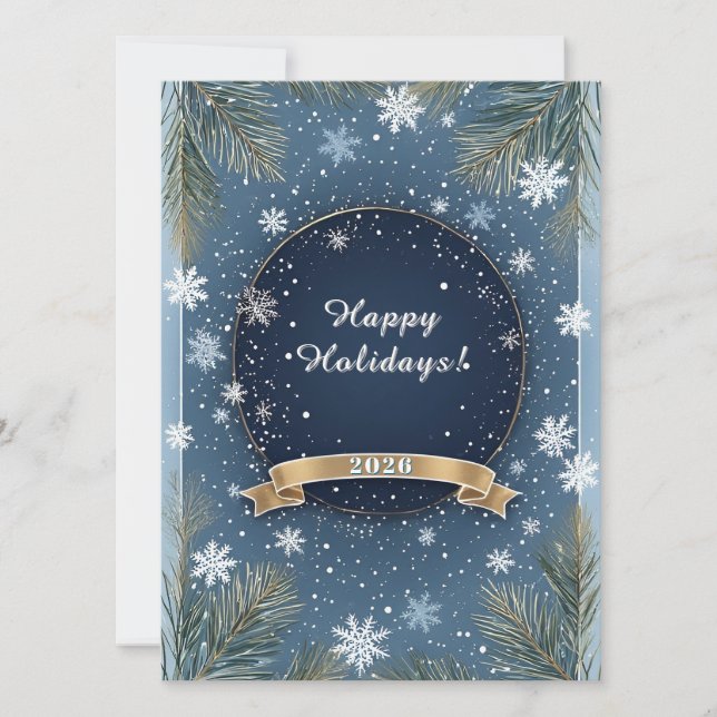 🎄 Winter Pine Frame Blue Snowflakes Gold Accent Card (Front)
