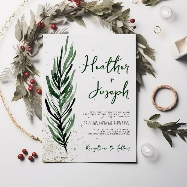Winter Pine & Gold Christmas Festive Wedding Invitation (Creator Uploaded)