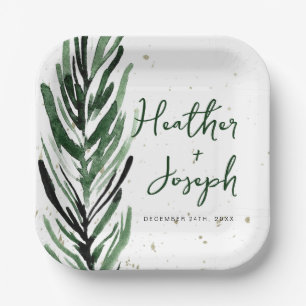 Winter Pine & Gold Christmas Festive Wedding Paper Plate