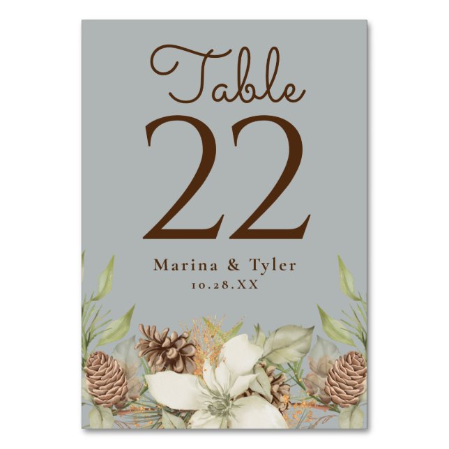 Winter Pine Grey Wedding Table Number Cards (Back)