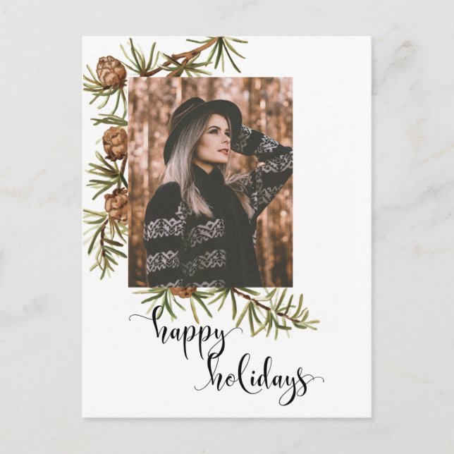 Winter Pine Happy Holidays Calligraphy | Photo Postcard (Front)