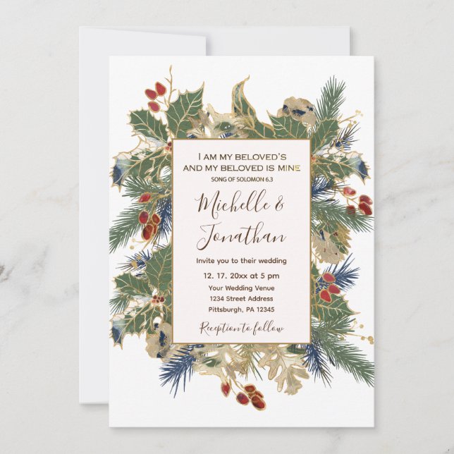 Winter Pine Holly Berries Christian Wedding Invitation (Front)