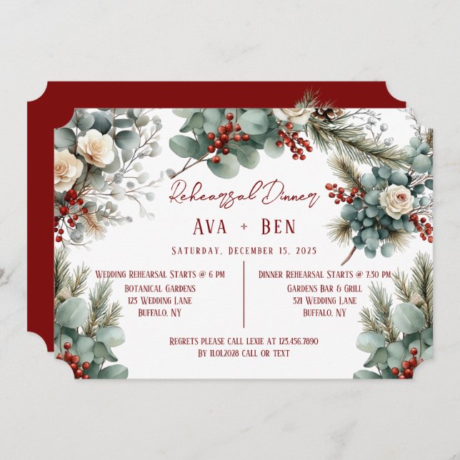 Winter Pine Needles Red Berries Rehearsal Dinner Invitation (Front/Back)