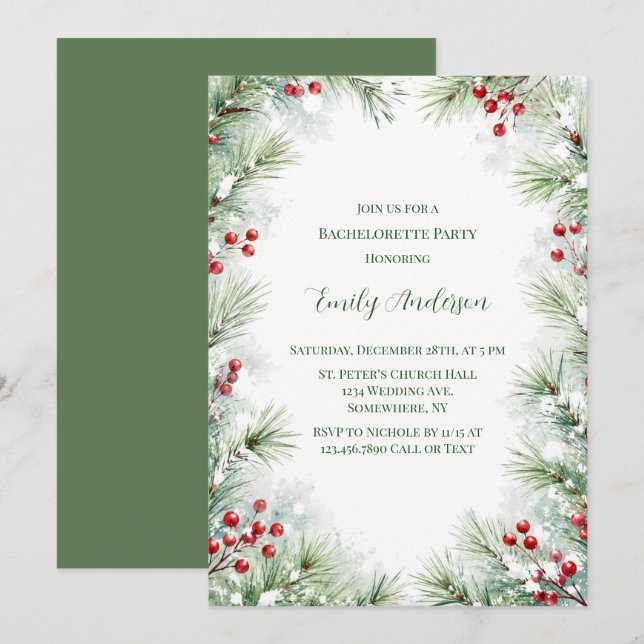 Winter Pine & Red Berry Bachelorette Party Invitation (Front/Back)