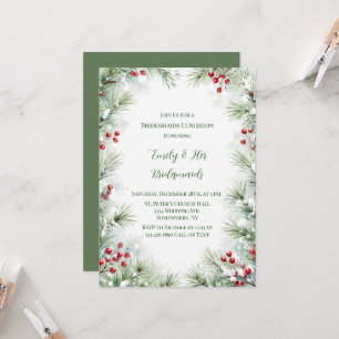 Winter Pine & Red Berry Bridesmaids Luncheon Invitation