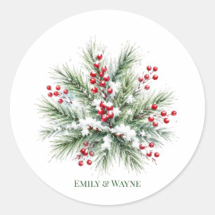 Winter Pine & Red Berry Wedding Classic Round Sticker