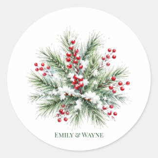 Winter Pine & Red Berry Wedding Classic Round Sticker