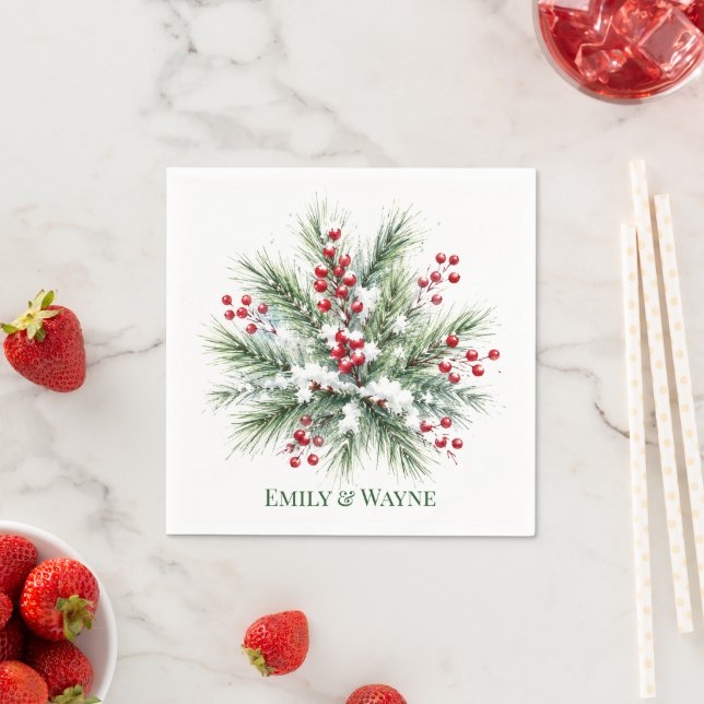Winter Pine & Red Berry Wedding Napkin (Insitu)