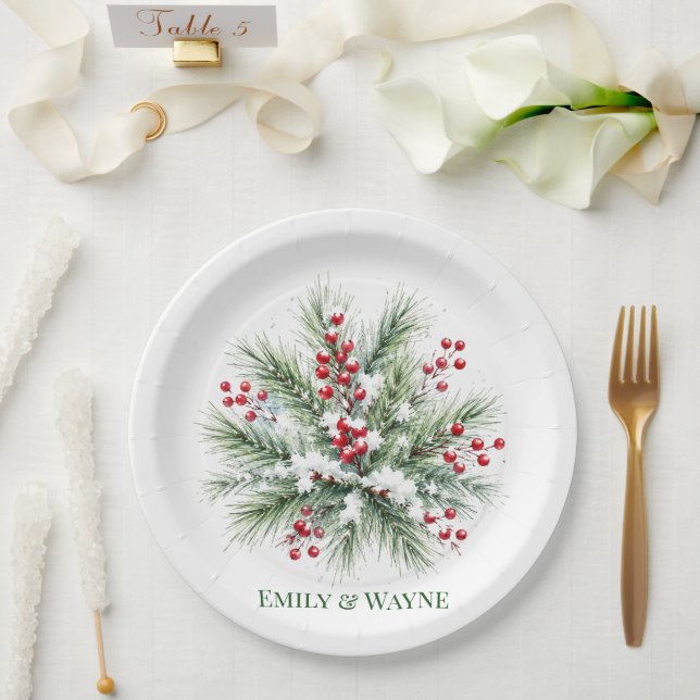 Winter Pine & Red Berry Wedding Paper Plate (Wedding)