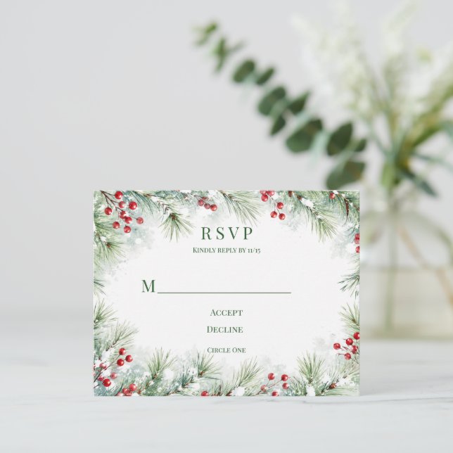 Winter Pine & Red Berry Wedding RSVP Card (Standing Front)
