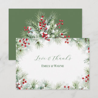 Winter Pine & Red Berry Wedding Thank You Card