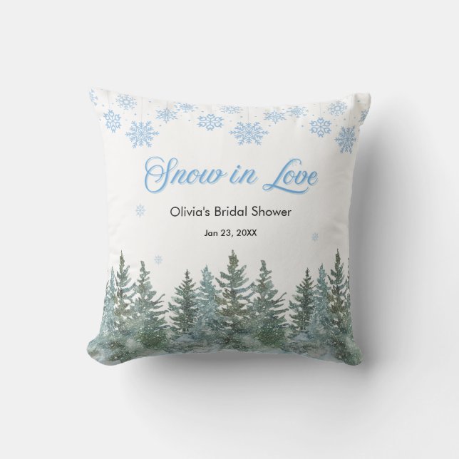 Winter Pine Snow in Love Snowflakes Bridal Shower Cushion (Front)