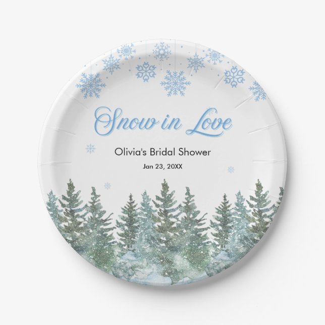 Winter Pine Snow in Love Snowflakes Bridal Shower Paper Plate (Front)