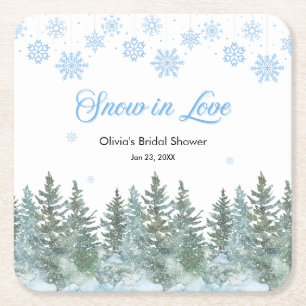 Winter Pine Snow in Love Snowflakes Bridal Shower Square Paper Coaster
