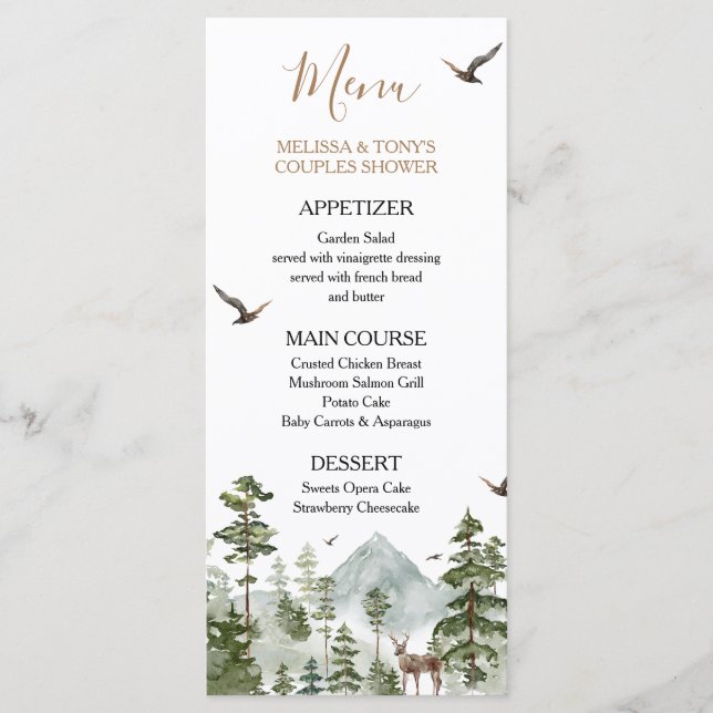 Winter Pine Tree Adventure Awaits Couple Shower Menu (Front)