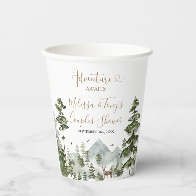 Winter Pine Tree Adventure Awaits Couple Shower Paper Cups (Front)