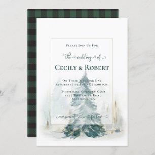Winter Pine Tree and Buffalo Plaid Wedding Invitation