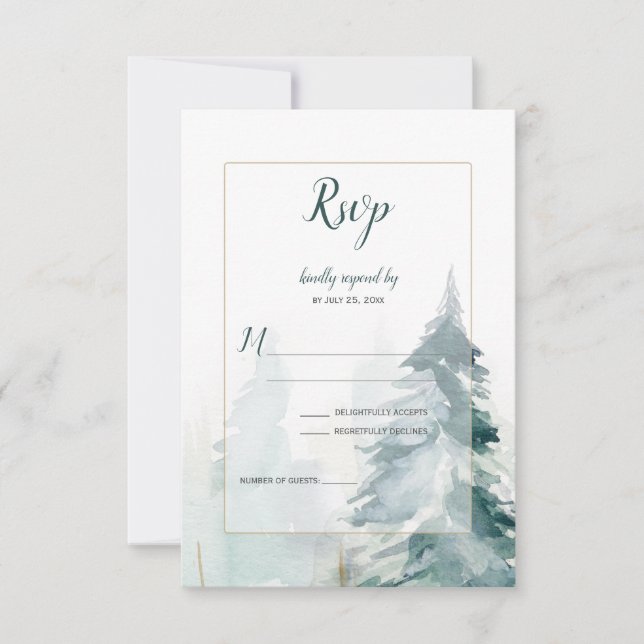 Winter Pine Tree Buffalo Plaid Wedding RSVP (Front)
