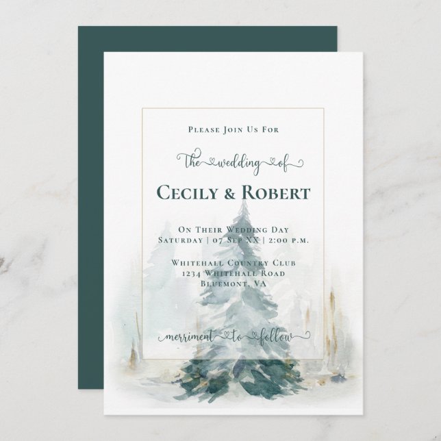 Winter Pine Tree Decorative Lettering Wedding Invitation (Front/Back)