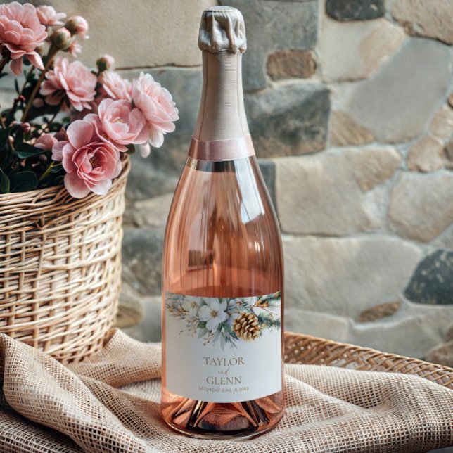 Winter Pine Tree Flower Floral Garden Wedding Sparkling Wine Label (Creator Uploaded)