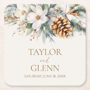 Winter Pine Tree Flower Floral Garden Wedding Square Paper Coaster