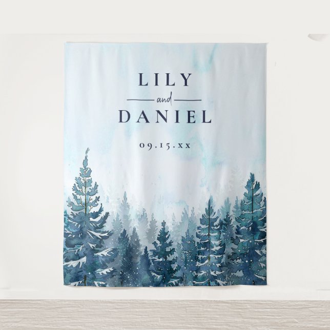Winter Pine Tree Forest Wedding Photo Backdrop Tapestry (Front)