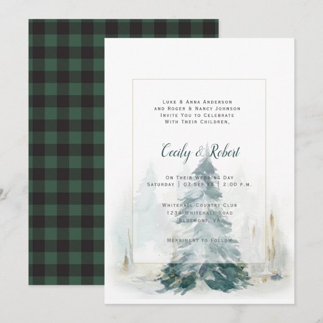 Winter Pine Tree Green Buffalo Plaid Wedding Invitation (Front/Back)