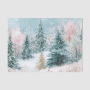 Winter Pine Tree Landscape Art with Pink & Gold Tissue Paper