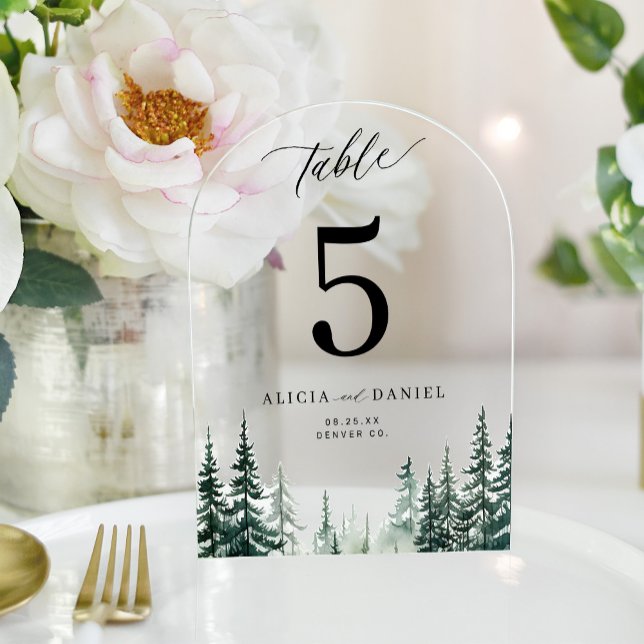 Winter pine tree mountain wedding table number  (Creator Uploaded)