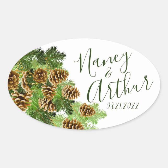 Winter Pine Tree & Pine Cones Wedding Oval Sticker (Front)