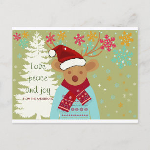 Winter Pine Tree Reindeer Cute Vintage Christmas Postcard